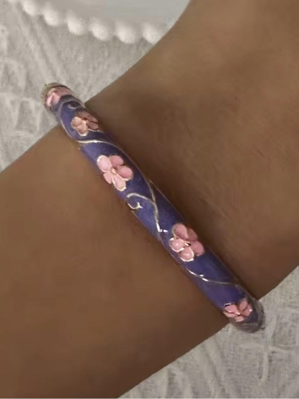 Purple Enamel Floral Bangle Bracelet with Pink Accents